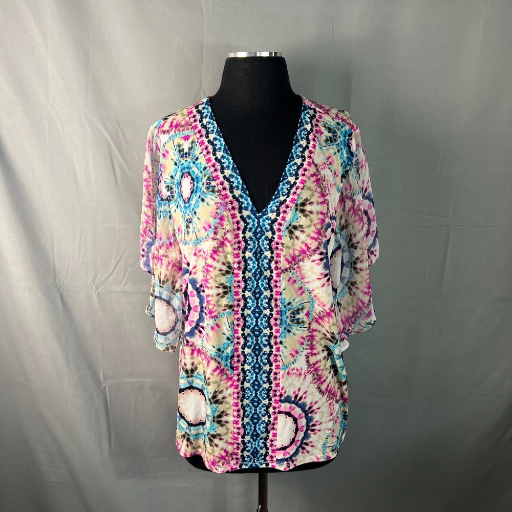 JM Collection Blouse Top Womens XL Multicolor Tie Dye Stretch Studded V Neck